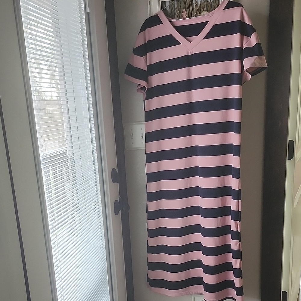 Pink and Black Striped V-Neck Dress